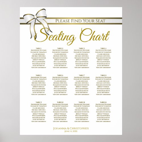 White  Gold Ribbon 12 Table Wedding Seating Chart