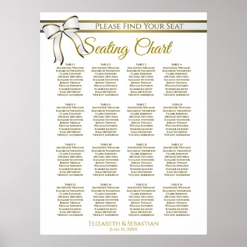 White  Gold Ribbon 16 Table Wedding Seating Chart