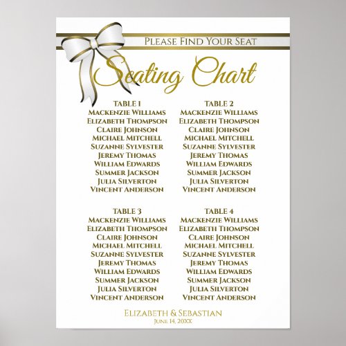 White  Gold Ribbon 4 Table Wedding Seating Chart