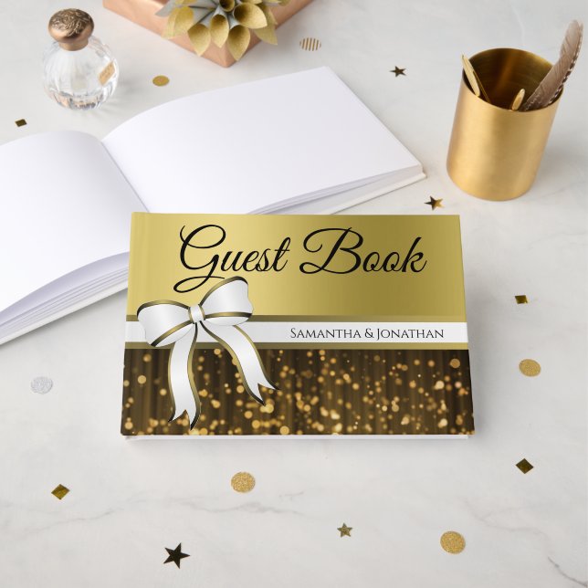 White & Gold Ribbon & Bow Faux Foil Wedding Guest Book (Front Open)