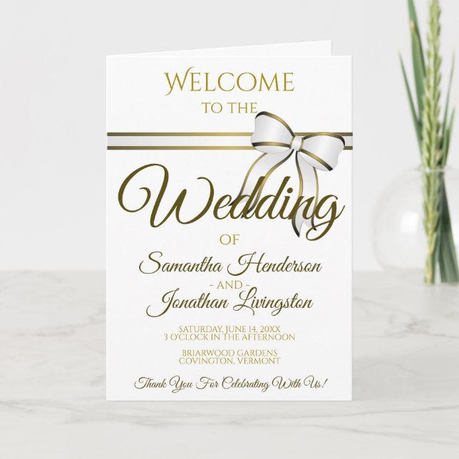 White & Gold Ribbon & Bow Wedding Program (Front)