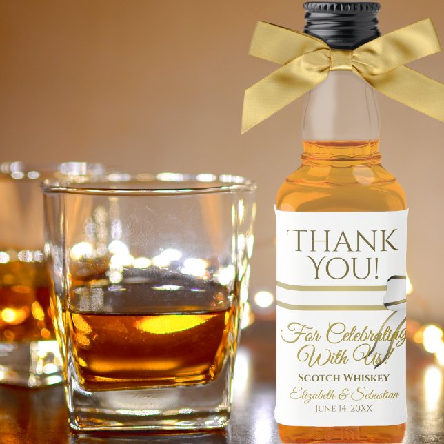 White & Gold Ribbon & Bow Wedding Thank You Mini Liquor Bottle Label (Creator Uploaded)