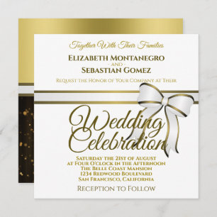 White & Gold Ribbon Square Wedding Invitation