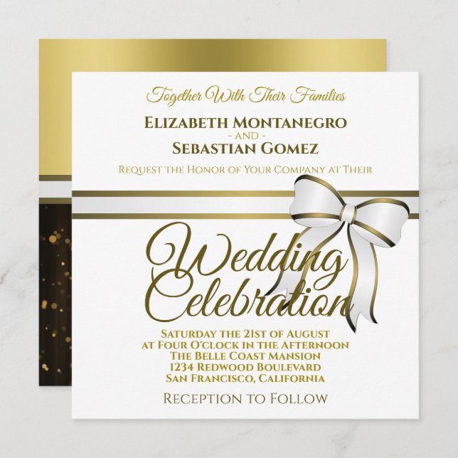 White & Gold Ribbon Square Wedding Invitation (Front/Back)