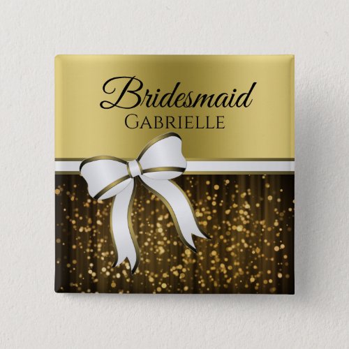 White  Gold Ribbon Wedding Bridesmaid Name Tag Button