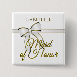 White & Gold Ribbon Wedding Maid of Honor Name Tag Button