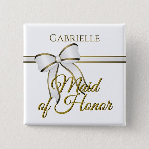 White  Gold Ribbon Wedding Maid of Honor Name Tag Button