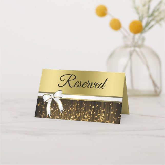 White & Gold Ribbon Wedding Reserved Place Cards (Front)