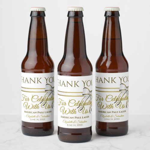 White  Gold Ribbon Wedding Thank You Beer Bottle Label