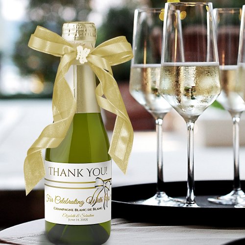 White  Gold Ribbon Wedding Thank You Mini Sparkling Wine Label