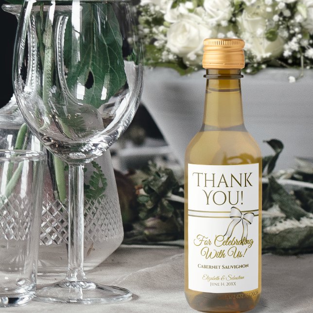White & Gold Ribbon Wedding Thank You Mini Wine Label (Creator Uploaded)
