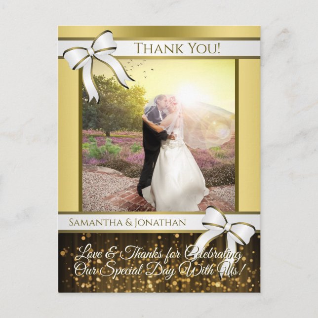 White & Gold Ribbon Wedding Thank You Postcard (Front)