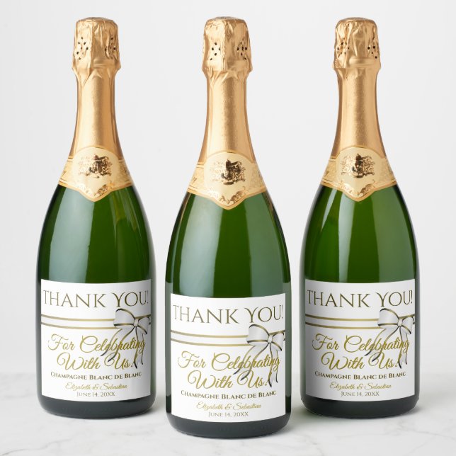 White & Gold Ribbon Wedding Thank You Sparkling Wine Label (Bottles)
