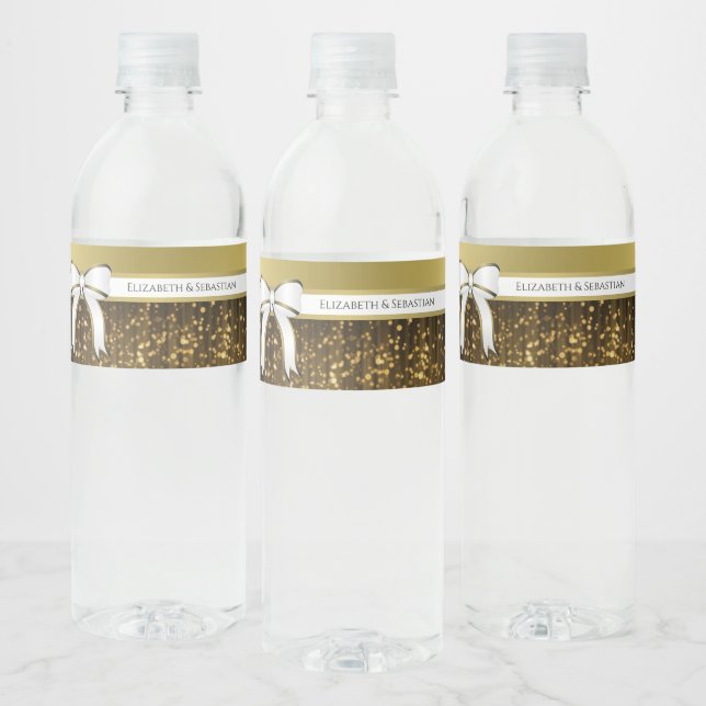 White & Gold Ribbon Wedding Water Bottle Label (Bottles)