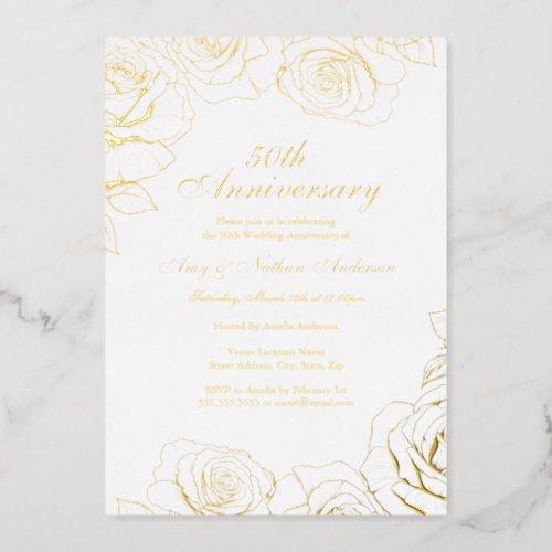 White Gold Rose Garden 50th Wedding Anniversary  Foil Invitation