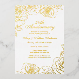 White Gold Rose Garden 50th Wedding Anniversary  Foil Invitation