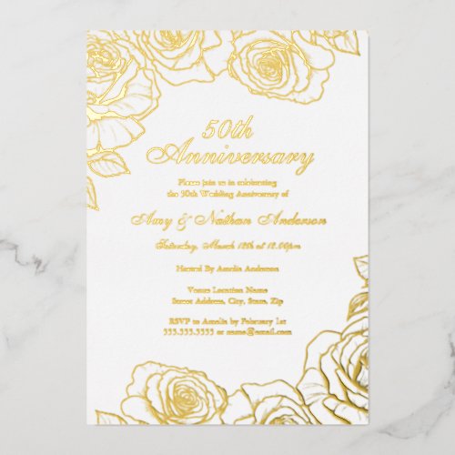 White Gold Rose Garden 50th Wedding Anniversary  Foil Invitation