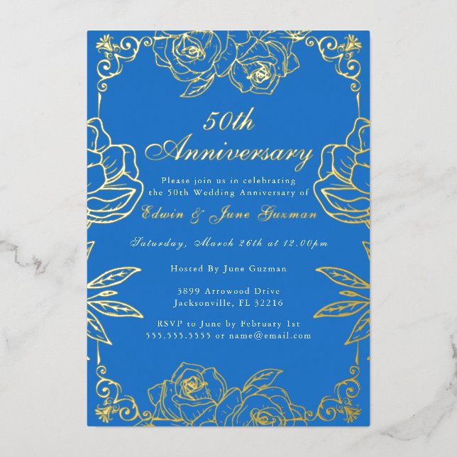 White Gold Rose Garden 50th Wedding Anniversary  Foil Invitation (Front)