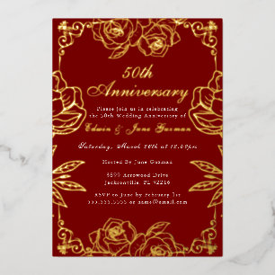 White Gold Rose Garden 50th Wedding Anniversary  Foil Invitation