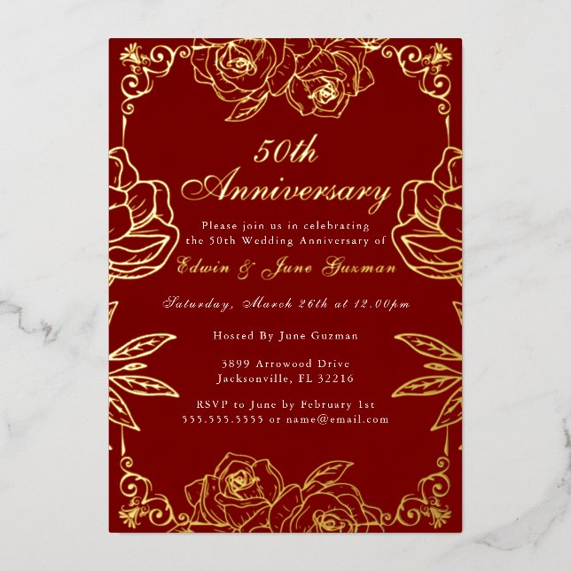 White Gold Rose Garden 50th Wedding Anniversary  Foil Invitation (Front)