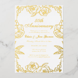White Gold Rose Garden 50th Wedding Anniversary Foil Invitation