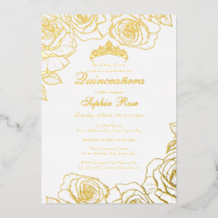 White Gold Rose Garden Quinceanera  Foil Invitation
