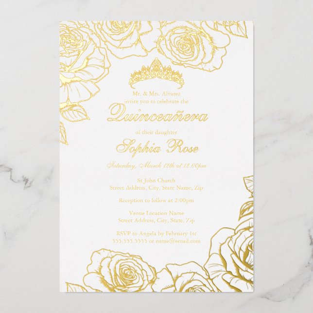 White Gold Rose Garden Quinceanera  Foil Invitation (Front)