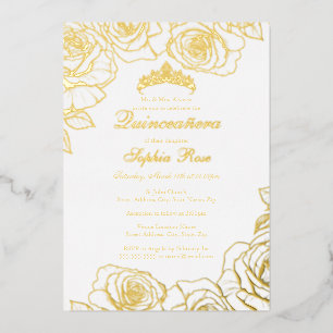 White Gold Rose Garden Quinceanera Foil Invitation