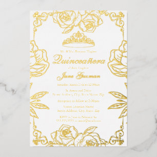 White Gold Rose Garden Quinceanera Foil Invitation