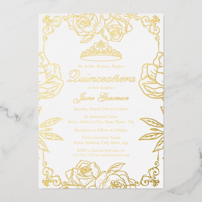 White Gold Rose Garden Quinceanera Foil Invitation (Front)