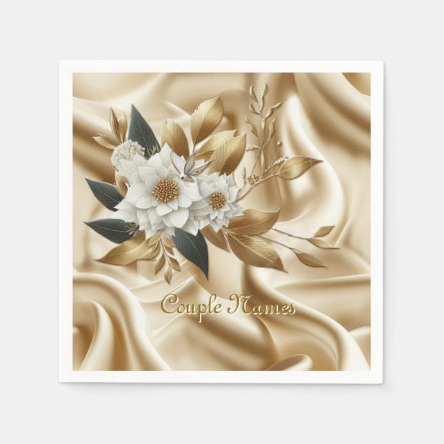 White Gold Roses, Champagne Silk & Butterflies Napkins (Front)