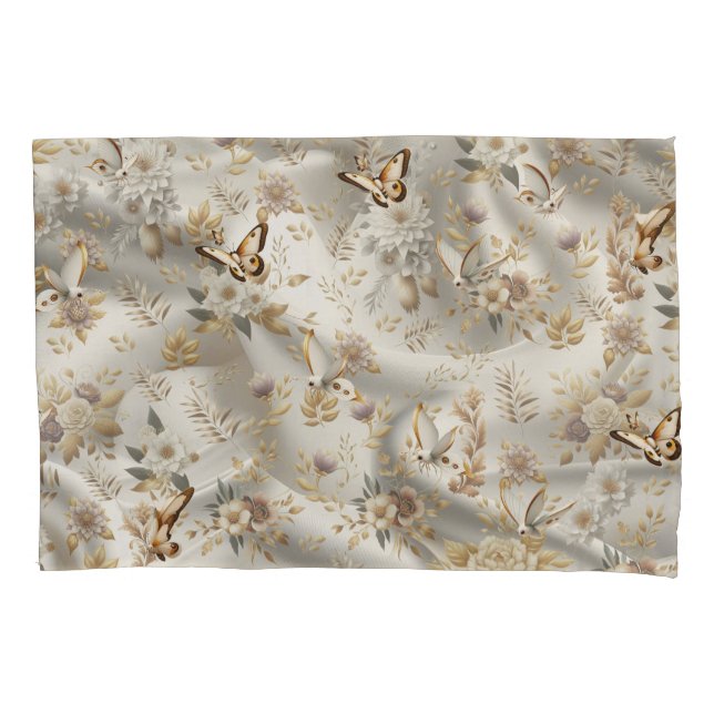 White Gold Roses, Champagne Silk & Butterflies Pillow Case (Front)