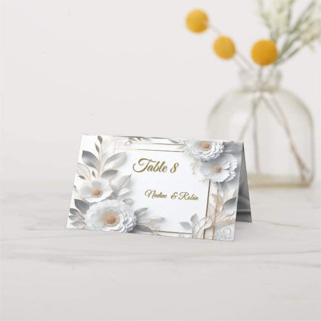 White Gold Roses, Champagne Silk & Butterflies Place Card (Front)