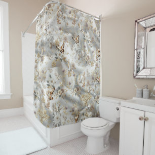White Gold Roses, Champagne Silk & Butterflies Shower Curtain