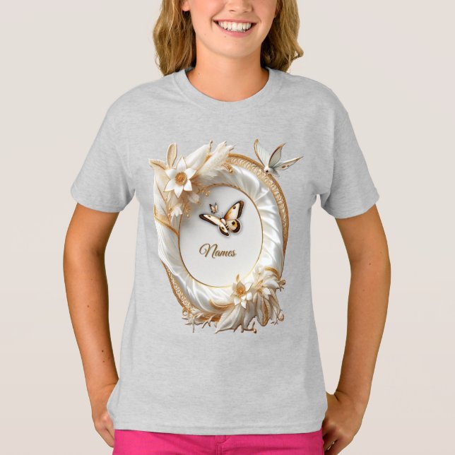 White Gold Roses, Champagne Silk & Butterflies T-Shirt (Front)