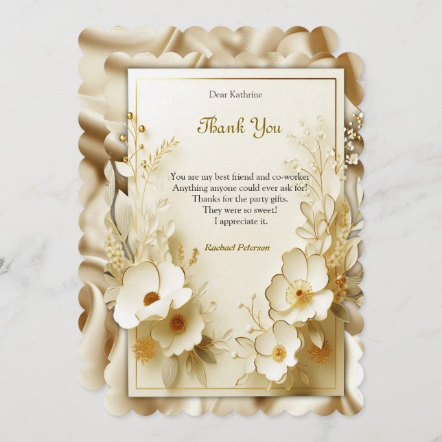 White Gold Roses, Champagne Silk & Butterflies Thank You Card (Front/Back)