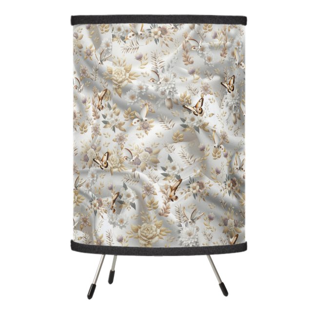 White Gold Roses, Champagne Silk & Butterflies Tripod Lamp (Left)