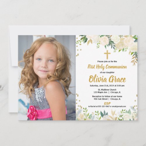 White gold roses floral First Holy Communion photo Invitation
