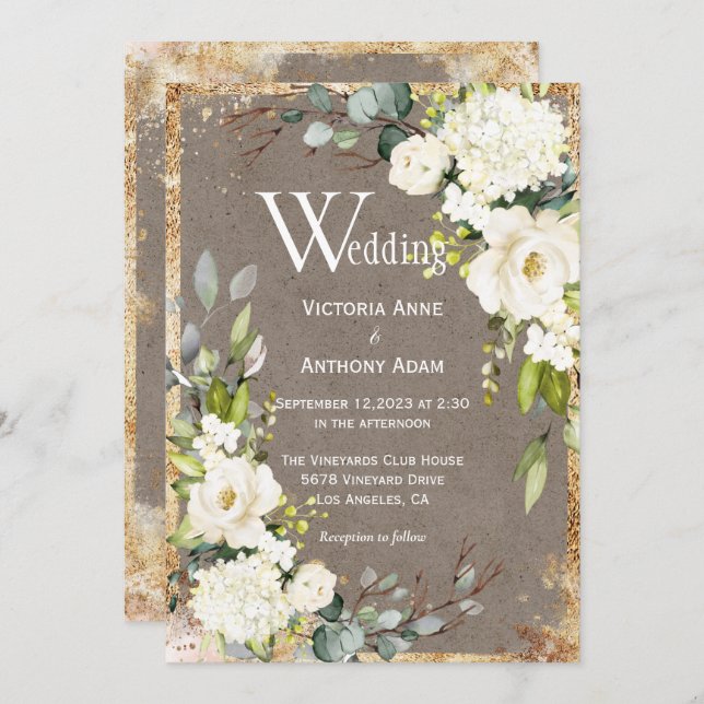 White Gold Rustic Floral Brown Wedding Invitation (Front/Back)