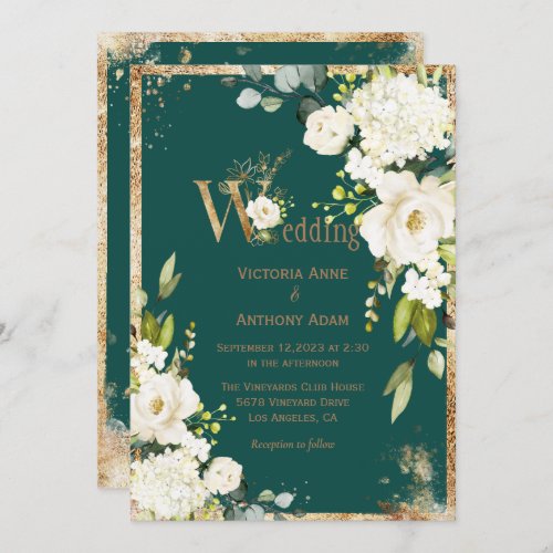 White Gold Rustic Floral Green Wedding Invitation