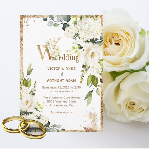 White Gold Rustic Floral Wedding Invitation