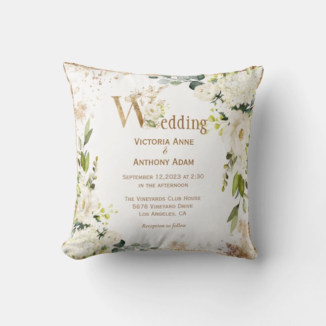 White Gold Rustic Floral Wedding Keepsake Throw Pillow (Front)