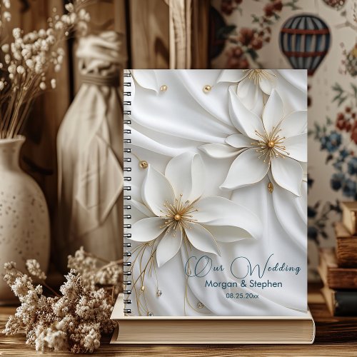 White  Gold Satin Floral Wedding Planner Notebook
