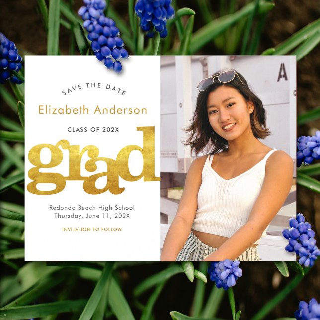 White gold save date graduation photo typography invitation postcard (Creator Uploaded)