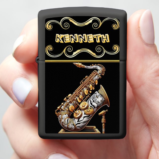 White Gold Saxophone Intricate Tiger Zippo Lighter (In Hand)