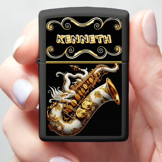 White Gold Saxophone with Dragon Engraving Desig Zippo Lighter (In Hand)