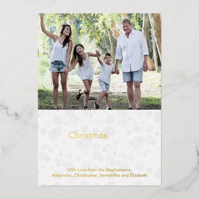 White Gold Script Bokeh Merry Christmas Photo Foil Holiday Card (Front)