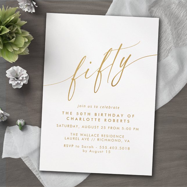 White & Gold Script | Delicate Luxe 50th Birthday Invitation (Creator Uploaded)
