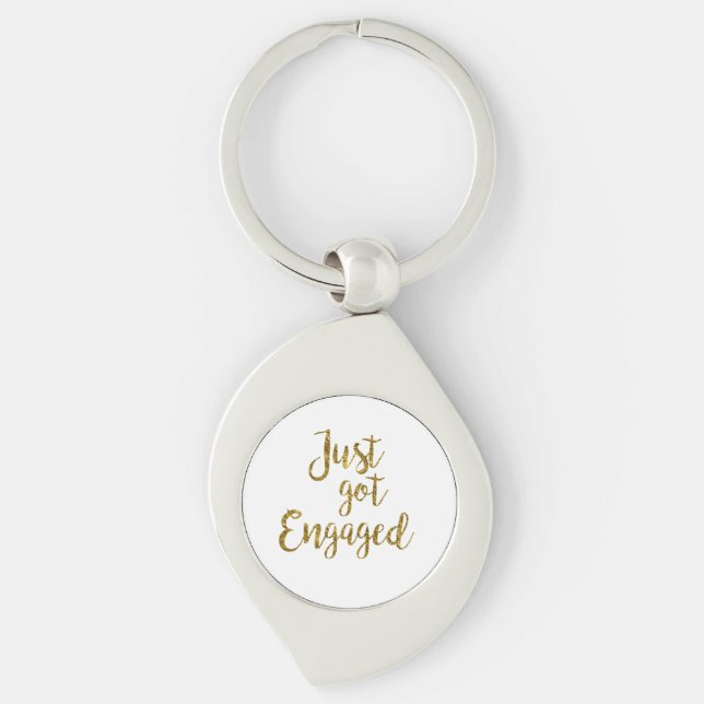 White & Gold Script Just got Engaged Keychain (Front)
