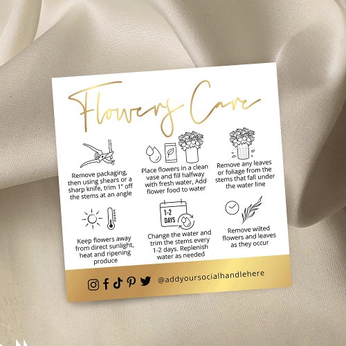 White  Gold Script Logo Fresh Flowers Care Guide Square Business Card